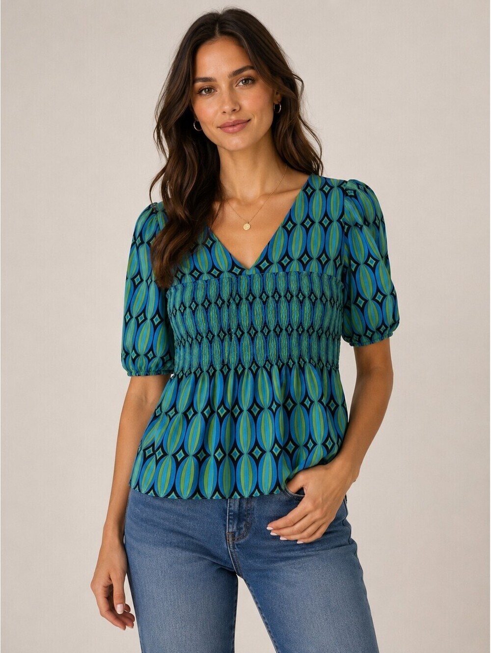 Bisou Bisou Petite Geometric Smocked V Neck Blouse Blue Green Stretch Top